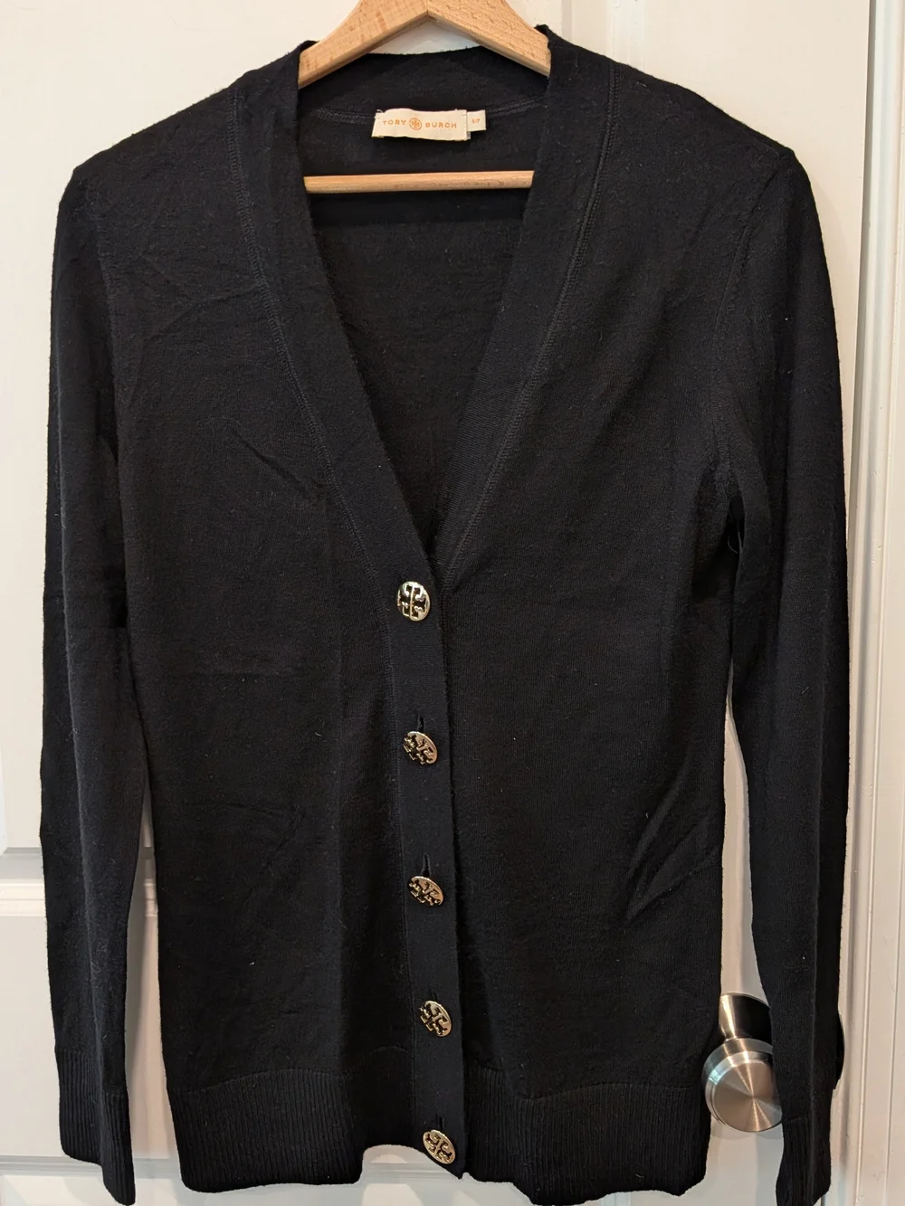 Tory Burch Black V-Neck Button-Front Cardigan with Gold Buttons